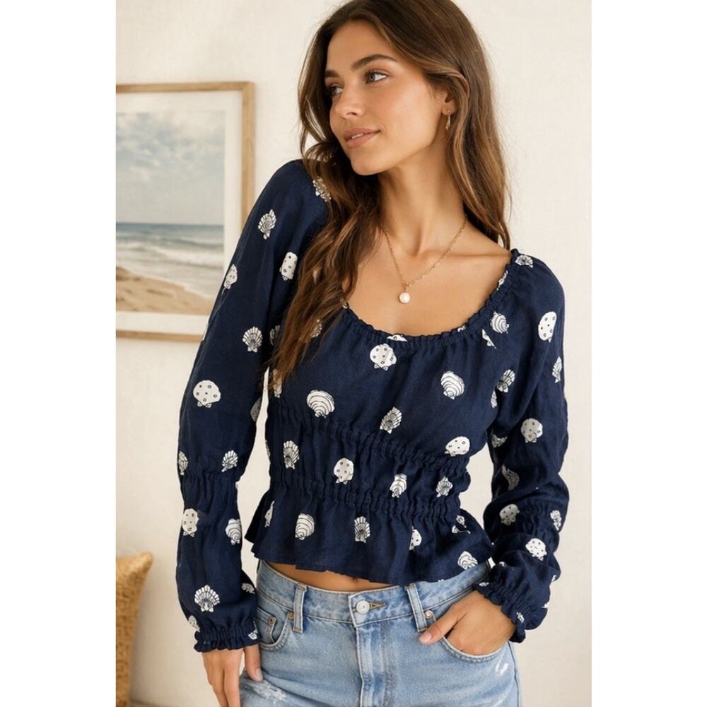 Lottie Hall Size 6 Seashells Top Ruched Cropped HTF Navy Linen Beach Summer